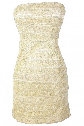 Gilded Gold Metallic Lace Strapless Designer Dress by Minuet
